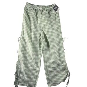 Sweetkama Gingham Pants Women Large Mint Green NEW Side Lace Up Wide Leg 60052